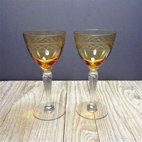 Set Of 2 Vintage Amber Cordial Glasses W Twisted Stems Etched Honey Amber Twist Stem Liqueur