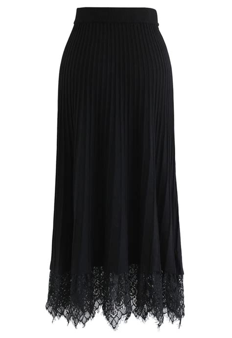 Lace Hem Pleated A Line Knit Skirt In Black Retro Indie And Unique Fashion