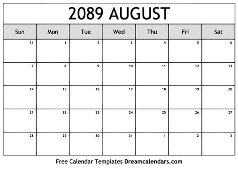 August 2089 Calendar Free Blank Printable With Holidays