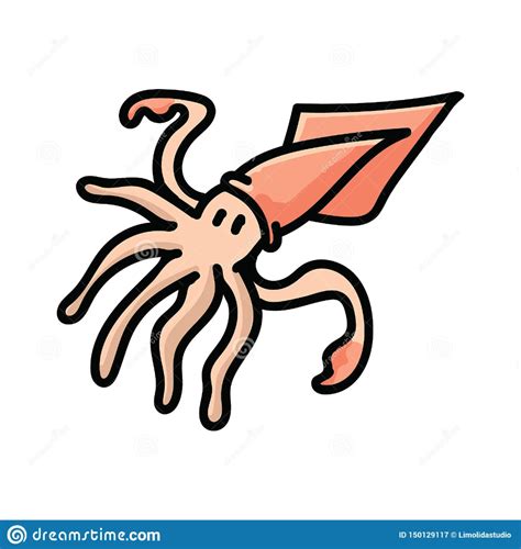 Cute Squid Cartoon Vector Illustration Motif Set Hand Drawn Isolated