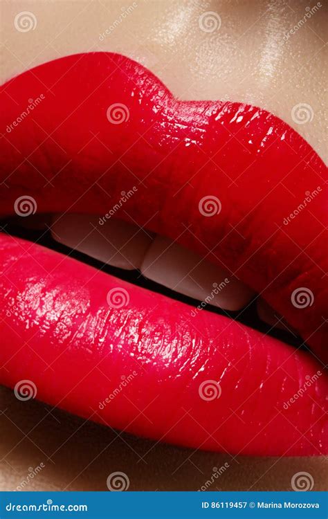 Beautiful Female Lips Sweet Kiss With Red Lipstick Lip Make Up On