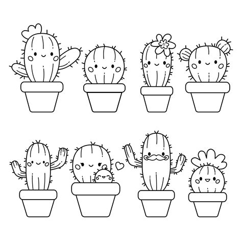 Cute Kawaii Set Of Cactus In Flowerpots Coloring Page Hand Drawn 9600 The Best Porn Website