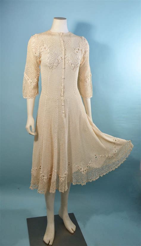 Vintage 1930s Cream Crochet Dress Cottagecore Wedding Dress S Etsy