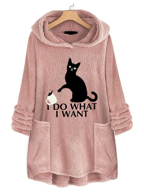 Women Casual Cat Print Hooded Fleece Thicken Sweatshirt Hoodies With