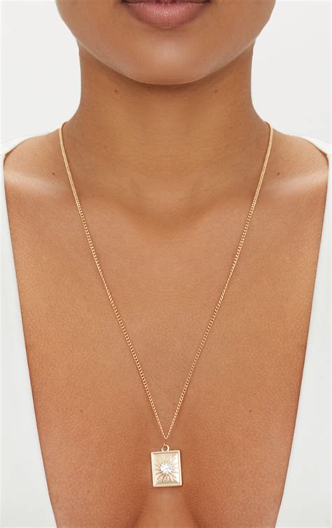 Gold Square Diamante Pendant Necklace Prettylittlething Usa