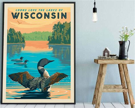 Wisconsin Travel Poster Loons Love The Lakes Vintage Print Etsy