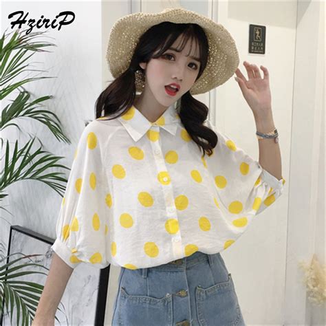 Hzirip 2018 New Summer Womens Blouses Polka Dot Shirt Loose Lantern Sleeve Shirt Korean Style