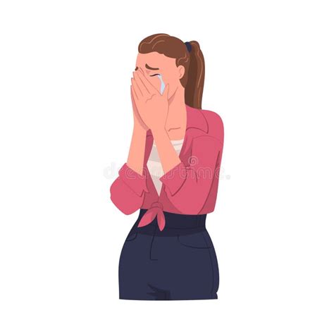 Crying Woman Character Weeping And Sobbing Covering Her Face With Hands