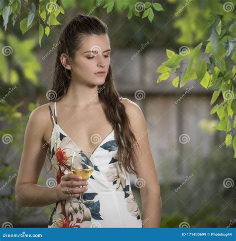 Woman Outdoors Drinking Wine In Dress Stock Image Image Of Attractive