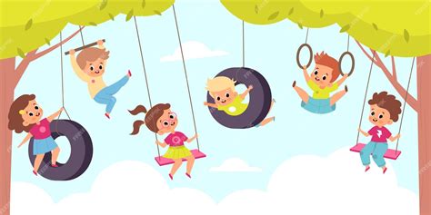 Premium Vector Rope Swing Happy Cute Children Hang On Swings Outdoor