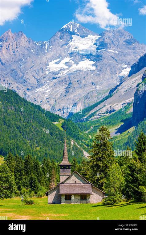 Switzerland Mountain Summer Scenery And Kandersteg Mountain Chapel