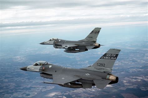 An Air To Air Left Side View Of Two 169th Tactical Fighter Group F 16