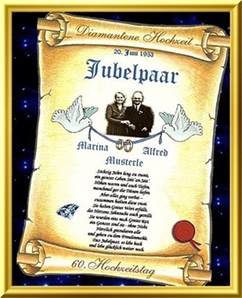 Gl kwunschkarte diamantene hochzeit basteln. Diamantene Hochzeit - Urkunden als Geschenk zum Hochzeitstag