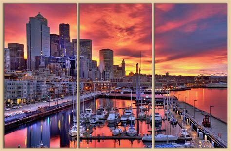 3 Panel Seattle Skyline At Dawn Leather Printseattle Canvas Print