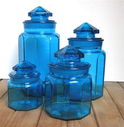 Set Of 4 Vintage Blue Glass Canisters Etsy