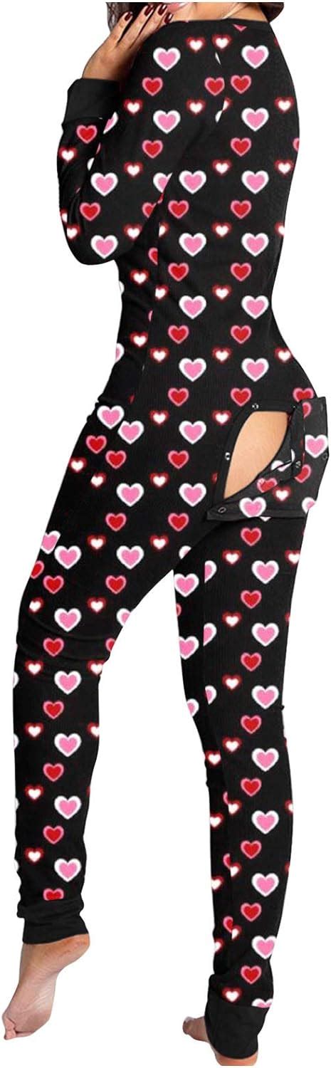 Chmora Womens Onesie Women Functional Buttoned Flap Fashion Love Printed Jumpsuit Onesies