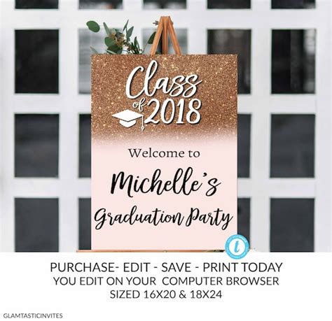 Rose Gold Graduation Welcome Sign Template Instant Download Diy