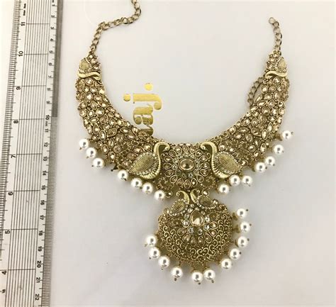Nisha Gold Zirconia Pearl Necklace Earrings Tikka Set Indian Bridal