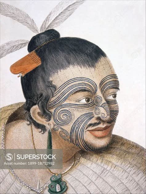 Head And Shoulders Portrait Of A Maori Man His Hair In A Topknot With