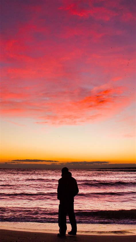 Download Wallpaper 1440x2560 Silhouette Sunset Horizon Sea Qhd