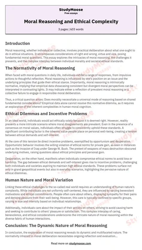 Moral Reasoning And Ethical Complexity Free Essay Example