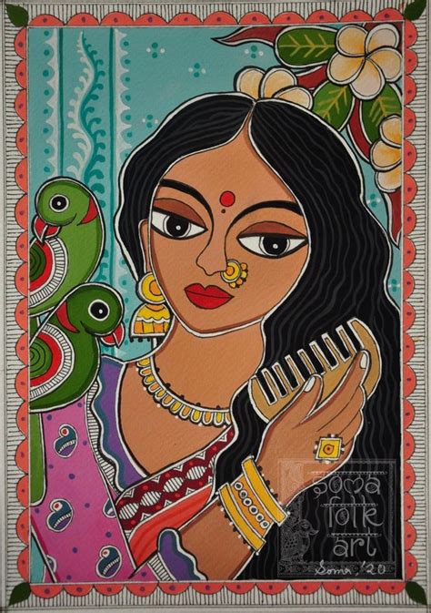 Print Madhubani Lady With Her Parrots Painting Indian Wall Etsy
