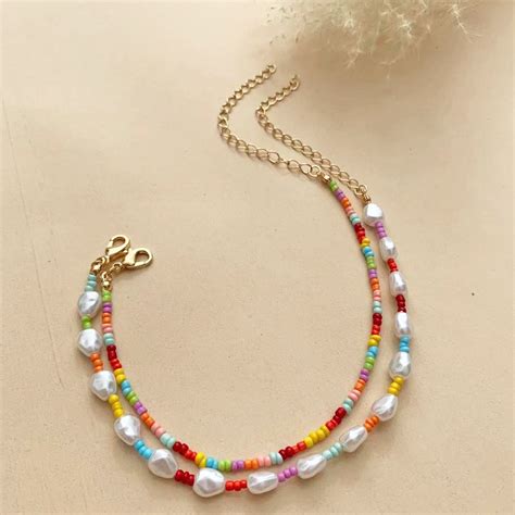 Pieces Of Fashion Imitation Pearl Rice Beads Beaded Anklet Set Women