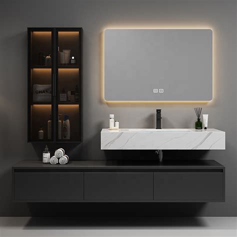 Modern Floating Double Sink Gray Bathroom Vanity Cabinet Set With