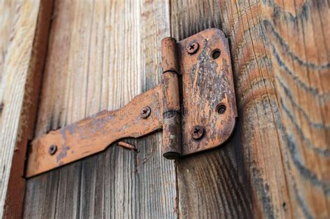 Old And Rusty Door Hinge Holding A Wooden Gate Closed Stock Photo