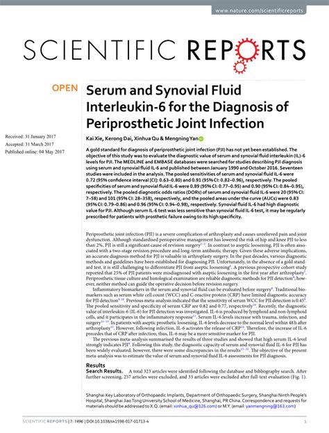 Pdf Serum And Synovial Fluid Interleukin 6 For The Diagnosis Of