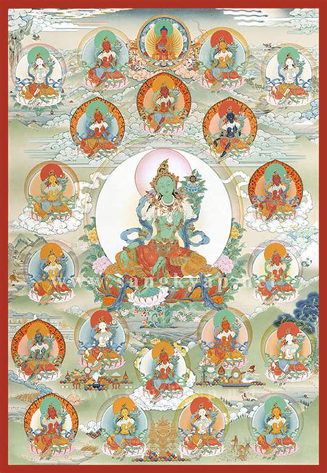 On the face of chenrezi, she is born from a tear as a bud from a lotus. Thangka of the Twenty-one Taras - Yoji Nishi