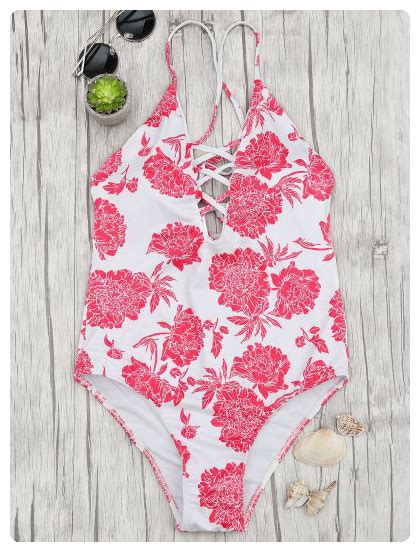 Hydrangea Print Crisscross Plunge One Piece Swimsuit Red And White