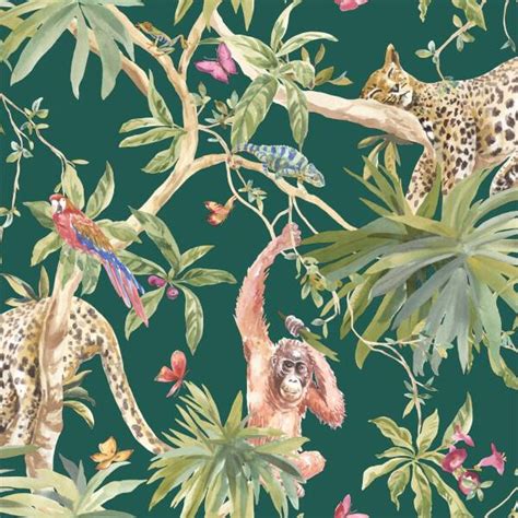 Holden Decor Jungle Animals Smooth Metallic Green Background Wallpaper