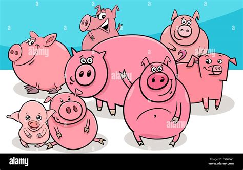 Ilustración De Dibujos Animados Cute Cerdos Granja Animal Grupo De