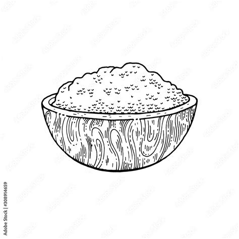 Wooden Bowl With Food Sketch Flour Rice Sea Salt Spirulina Spice