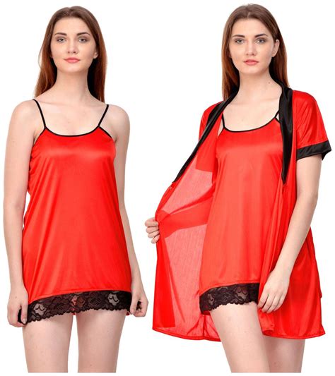 Buy Phalin Womens Red Satin Solid Nighty And Robe Set Online At Low Prices In India