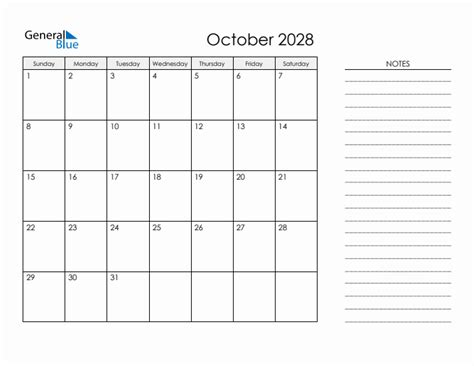 Printable Monthly Calendar With Notes October 2028