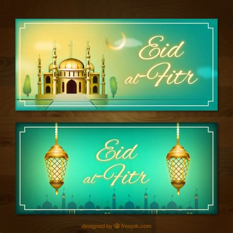 It begins on the first day of shawwal, the 10th month of the islamic lunar calendar. Banners van eid al fitr met moskee en lampen | Gratis Vector