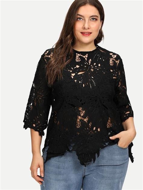 Plus Solid Crochet Lace Sheer Top Plus Size Dressy Tops Sheer Lace