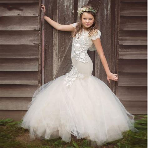 2017 New Mermaid Flower Girls Dress For Weddings Lace Appliques Tulle