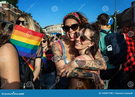 Gay Pride A Lesbian Couple At The Demonstration In The Square
