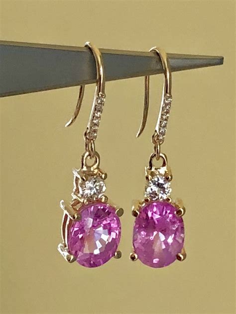 100 Natural Pink Burma Sapphire Diamond Dangle Earrings 18k Gold