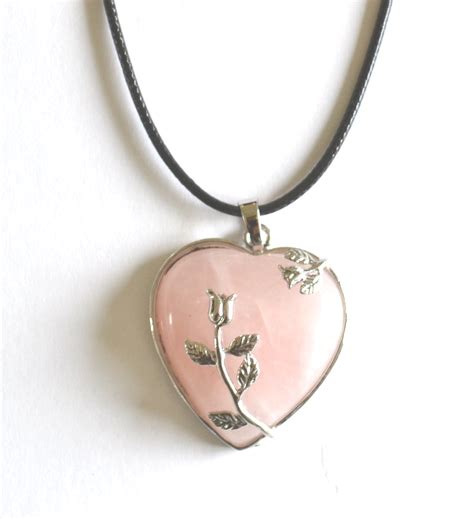 Rose Quartz Heart Rose Pendant Necklace Mystic Wish