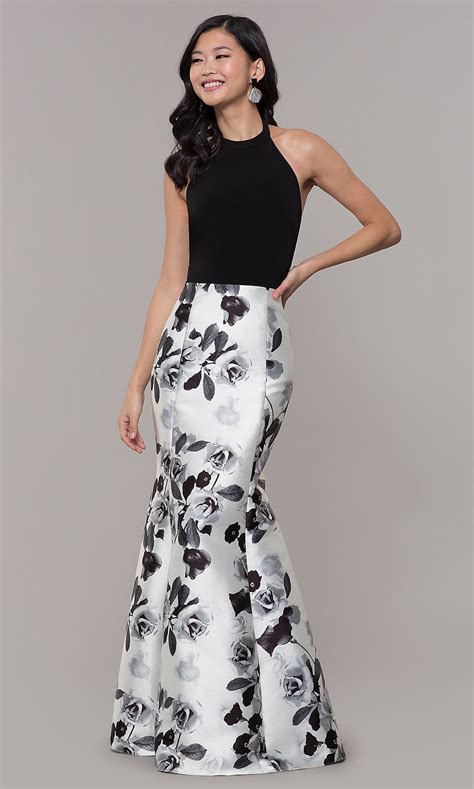 Long Black And White Floral Print Prom Dress Promgirl