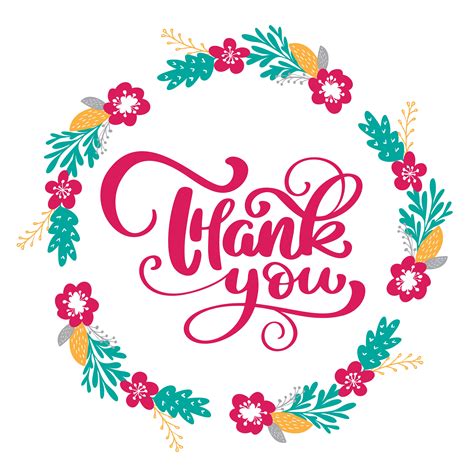 Thank You Hand Drawn Text With Wreath Of Flowers Trendy Hand Lettering