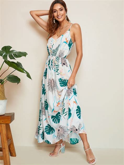 Tropical Print Drawstring Waist Flare Dress Shein Cami Maxi Dress
