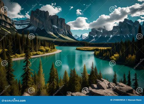 A Bow River Vista Of Castle Mountain In Banff National Park Stock