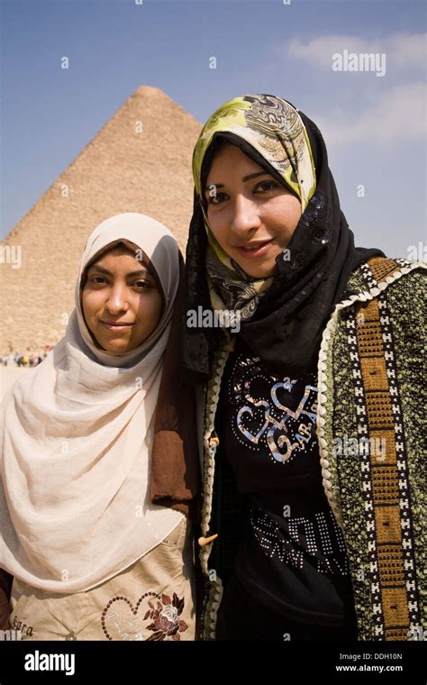 Moslem High School Girls Visiting The Pyramids Of Giza Egypt Stock