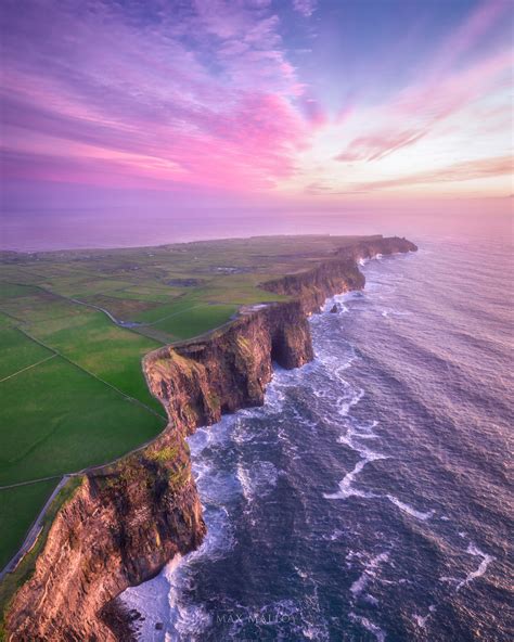 Sunset At Cliffs Of Moher From Above County Galway Ireland Max