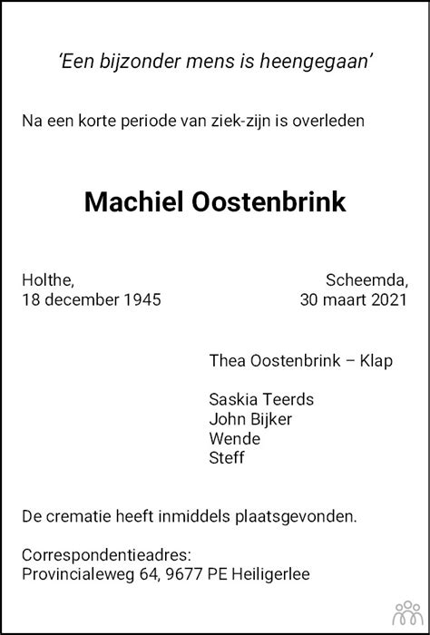 Machiel Oostenbrink 30 03 2021 Overlijdensbericht En Condoleances